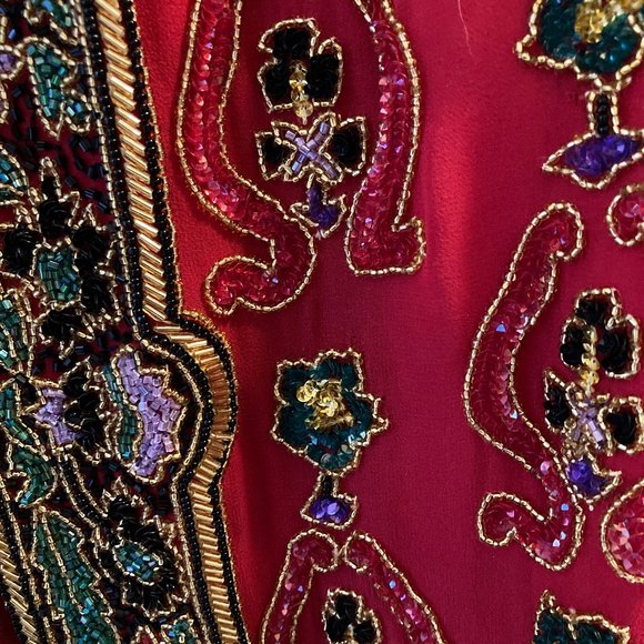 RARE! Exquisite Heavily Beaded Red SILK Dress Jacket, Niteline - Picture 5 of 10